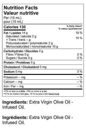 Nutrition and product specifications for Liquid Gold Tuscan Herb Infused Olive Oil